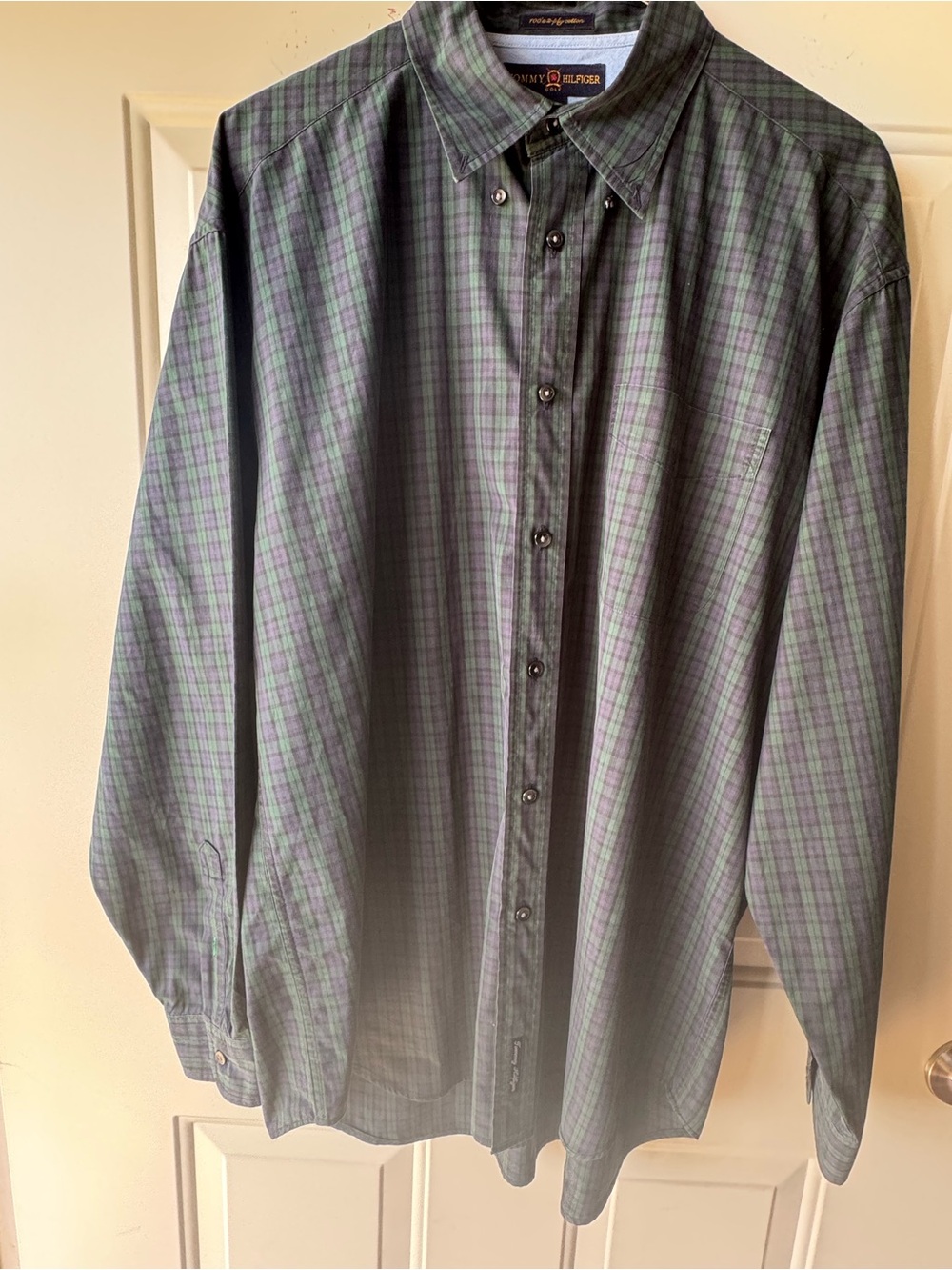 Tommy Hilfiger Men’s Green and Blue Plaid Button-Down Shirt